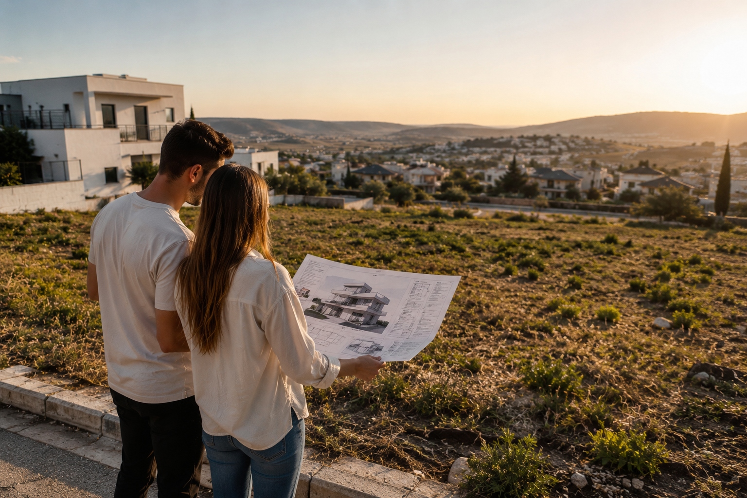 זוג מחזיק תוכנית בנייה ומביט לעבר המגרש