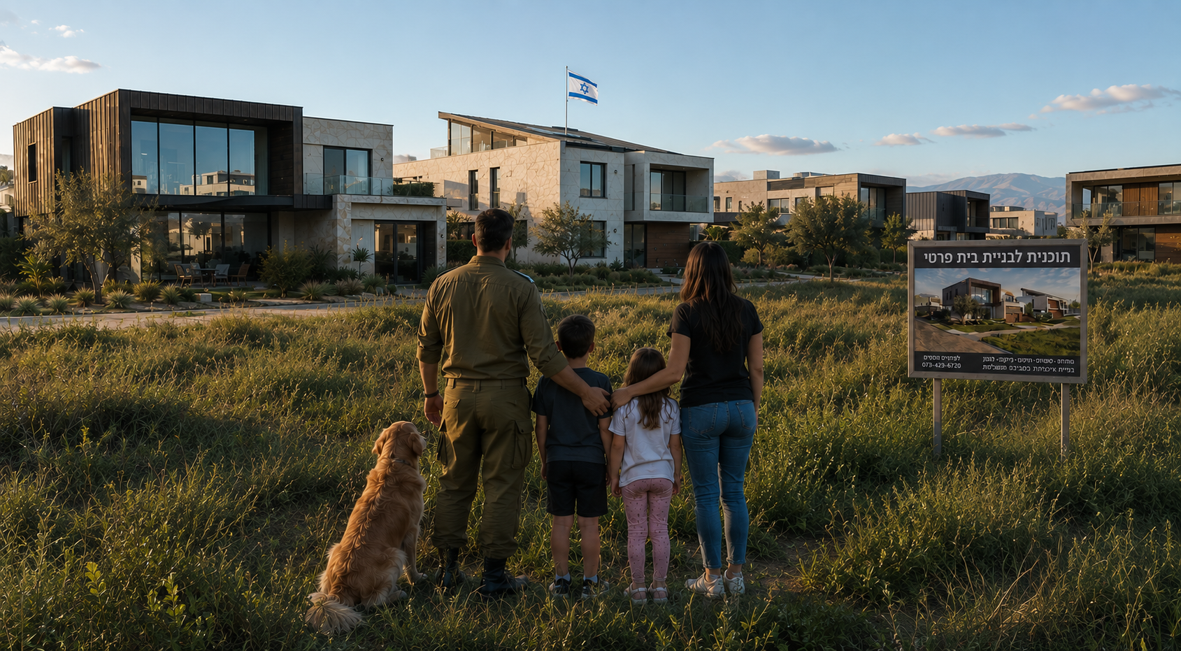 משרת מילואים עומד עם משפחתו וכלב המשפחה מול שכונת מגורים חדשה, לצד שלט תוכנית לבניית בית פרטי